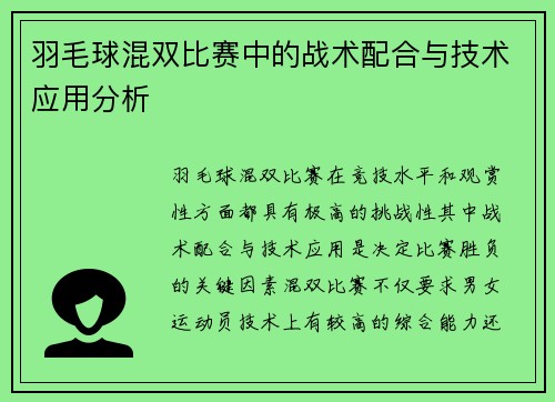 羽毛球混双比赛中的战术配合与技术应用分析