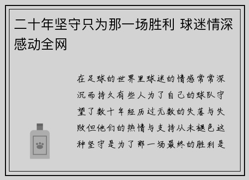 二十年坚守只为那一场胜利 球迷情深感动全网